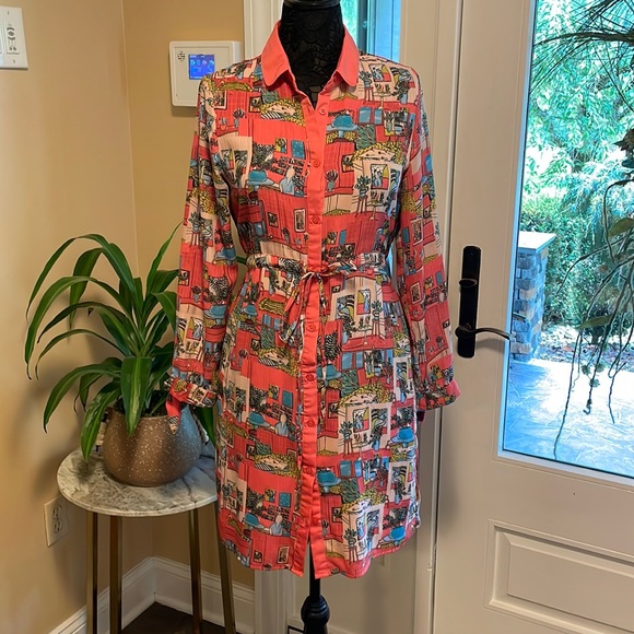 Fun & Flirty Drawstring Button Down Collared Dress w Tie Sleeves - Picture 1 of 7